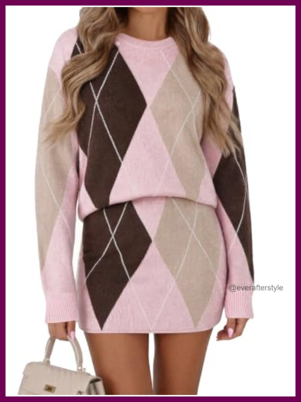 Tankaneo Womens Plaid 2 Piece Sweater Skirt Set Argyle Knit Mini Skirt Pullover
